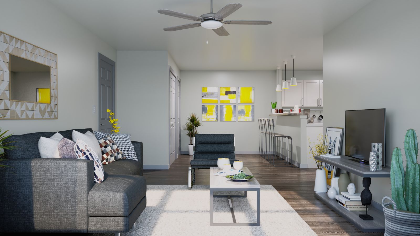 living room with kitchen in the background